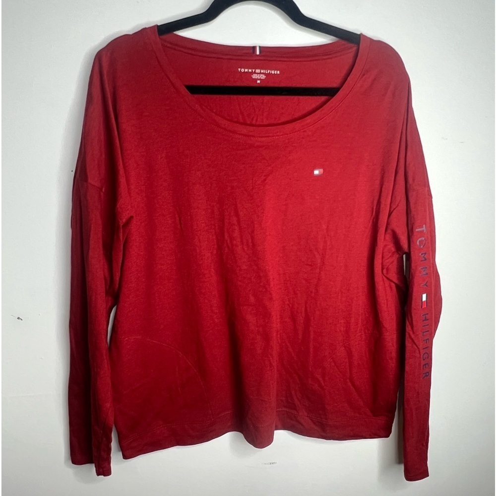 Tommy Hilfiger oversized red long sleeve shirt sleeve logo women’s size medium